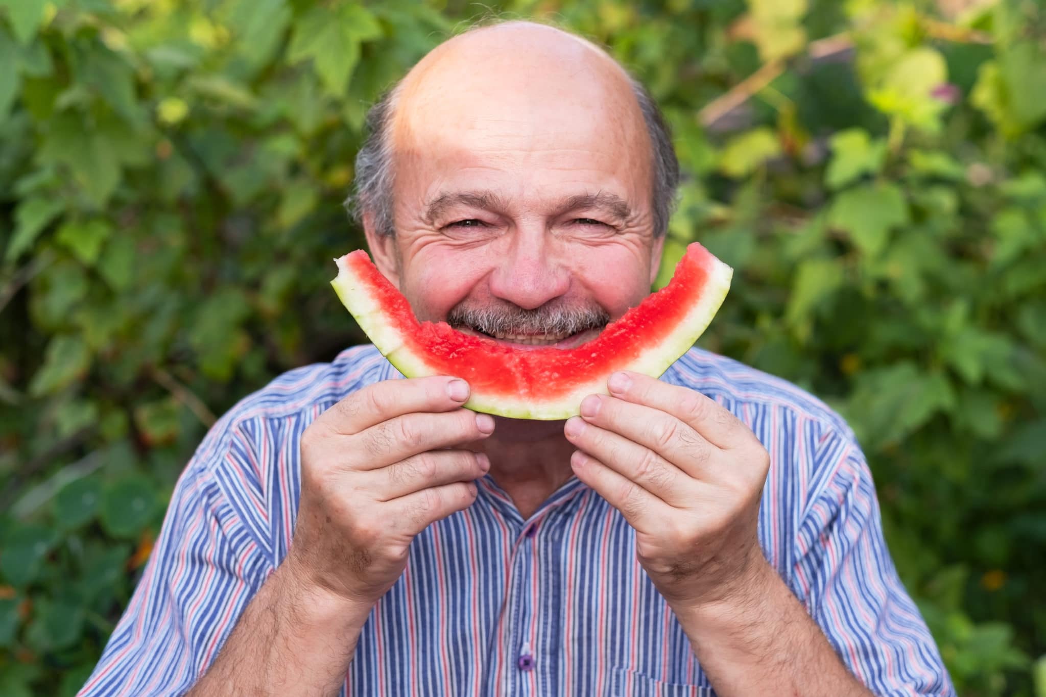 Mature caucasian man with mustache eating juicy water melon with pleasure and smiling. Healthy summer food